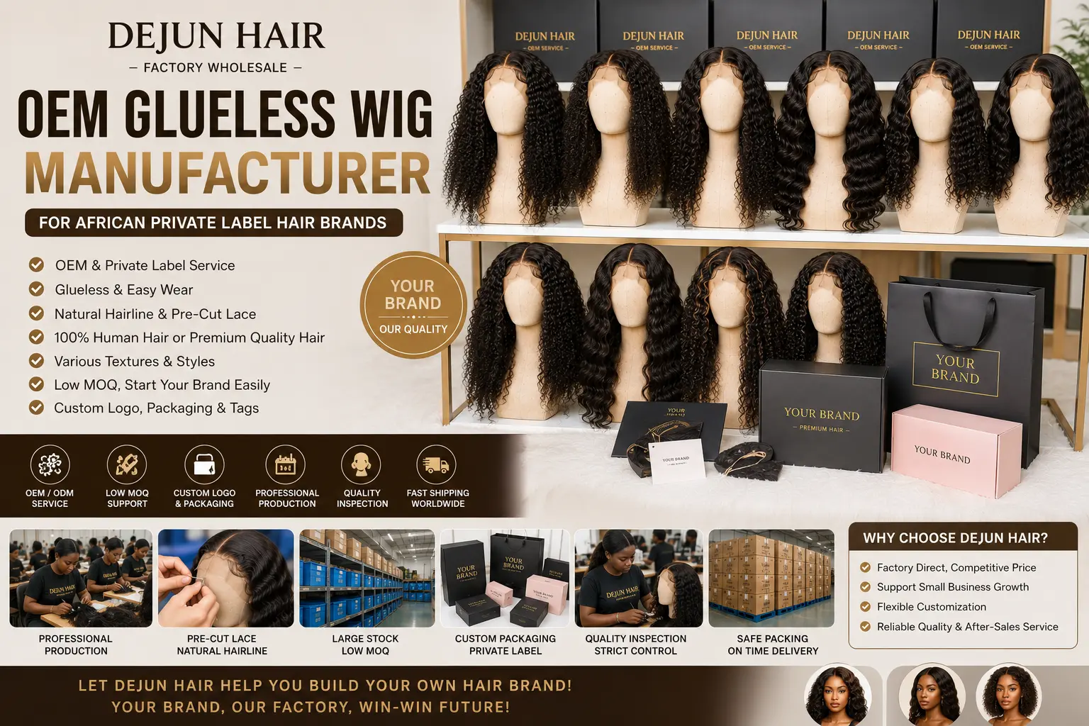 OEM glueless wig manufacturer offering private label services for African hair brands