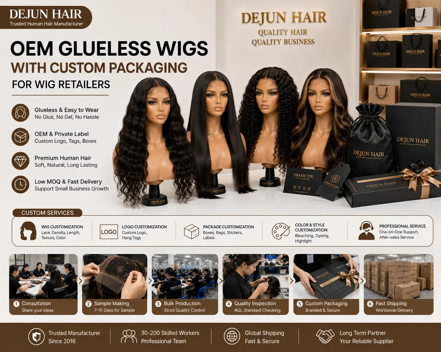 OEM glueless wigs with custom packaging for wig retailers