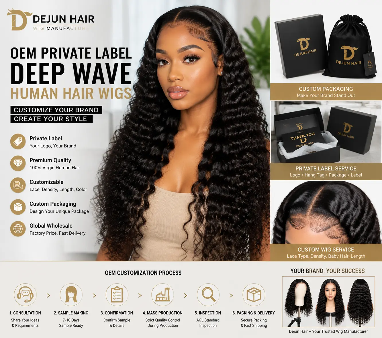 OEM private label deep wave human hair wigs with customized lace, density, color and branding service