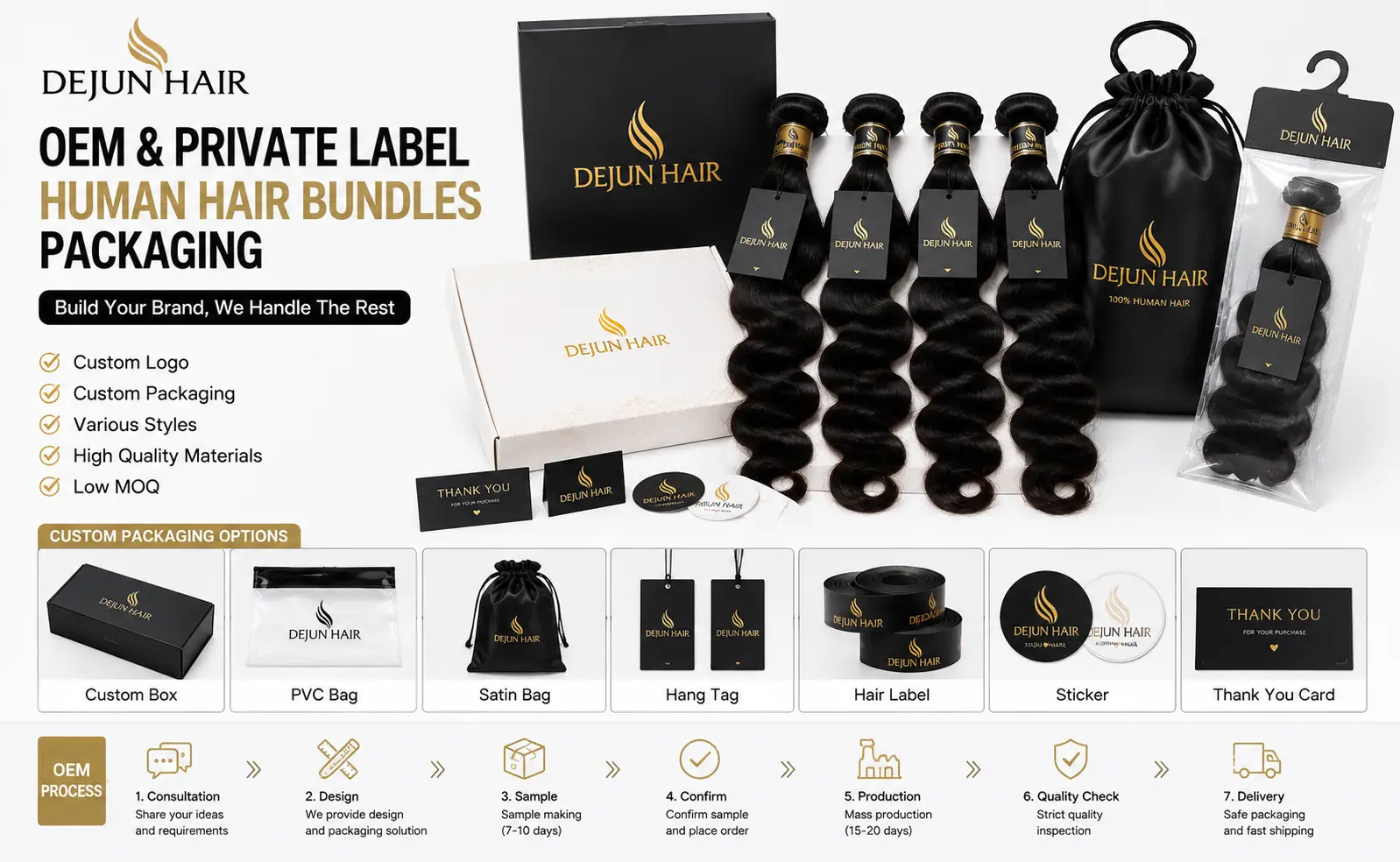 OEM private label human hair bundles packaging with custom logo and branded boxes