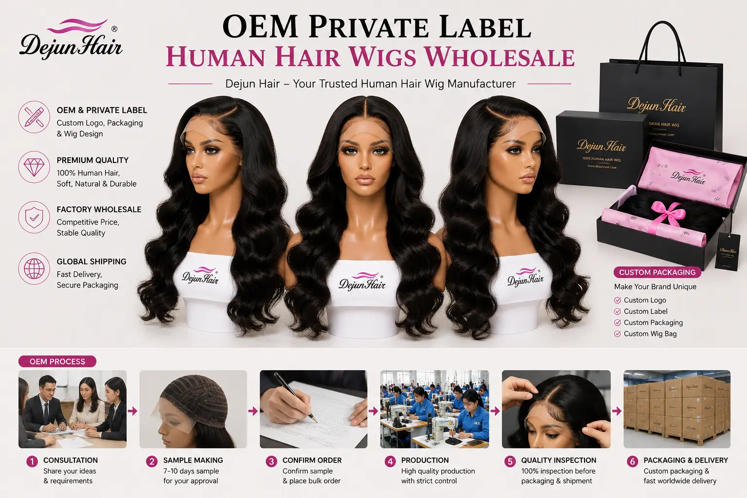 OEM private label human hair wigs wholesale with custom logo and packaging service