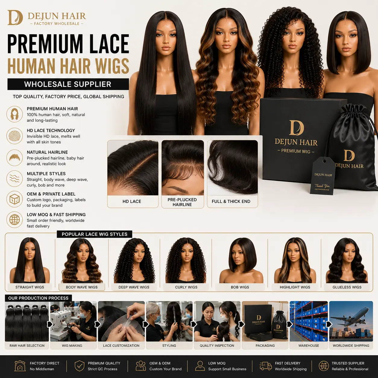 Premium lace human hair wigs wholesale supplier with natural hairline and multiple styles