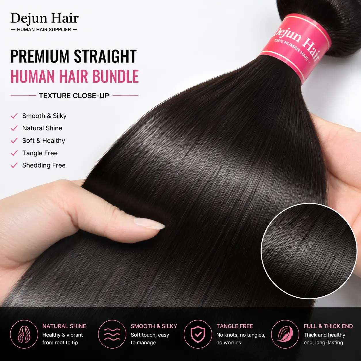 Premium straight human hair bundle texture close-up showing smooth silky and natural hair quality