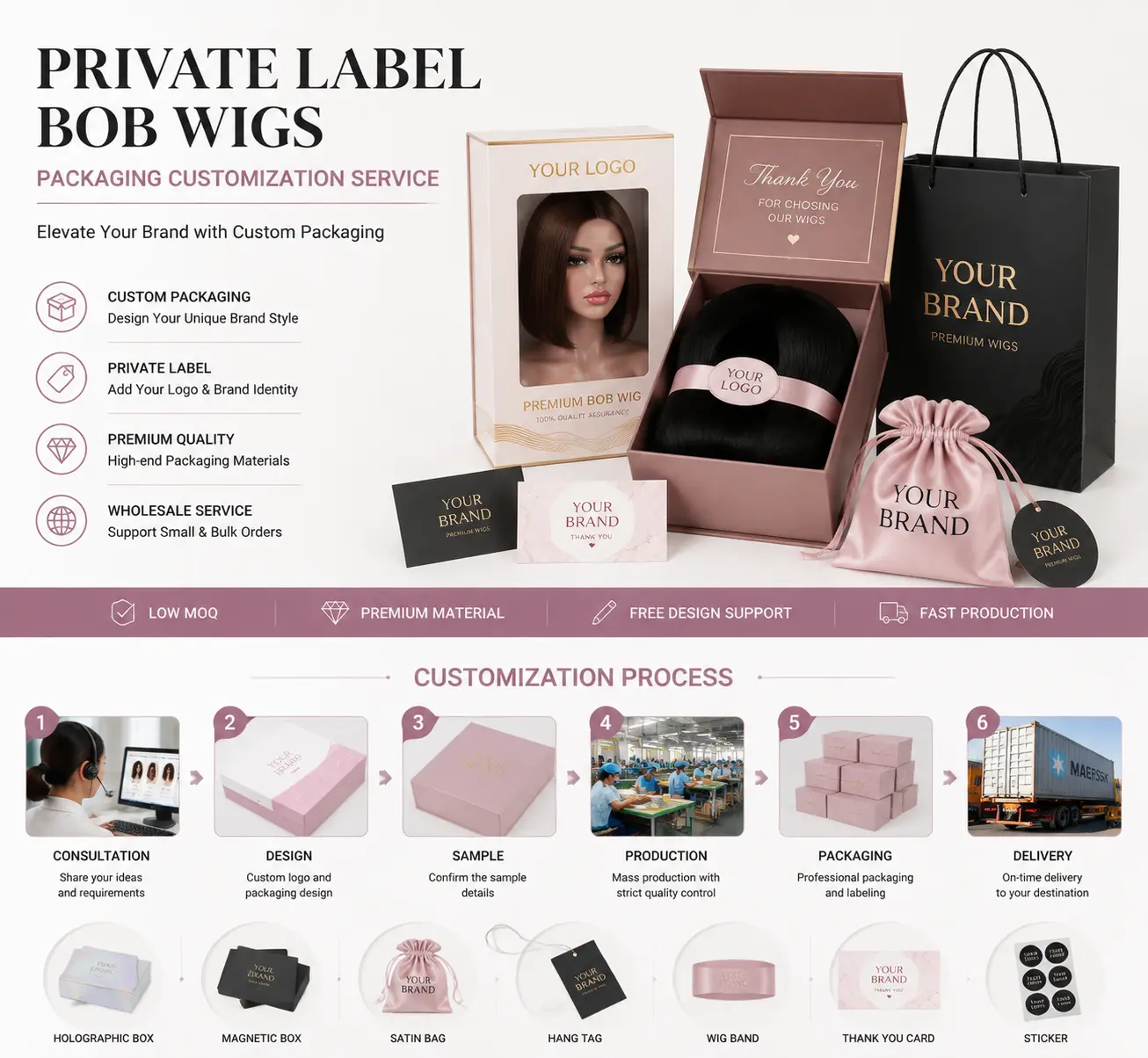 Private label bob wigs packaging customization service for global brands