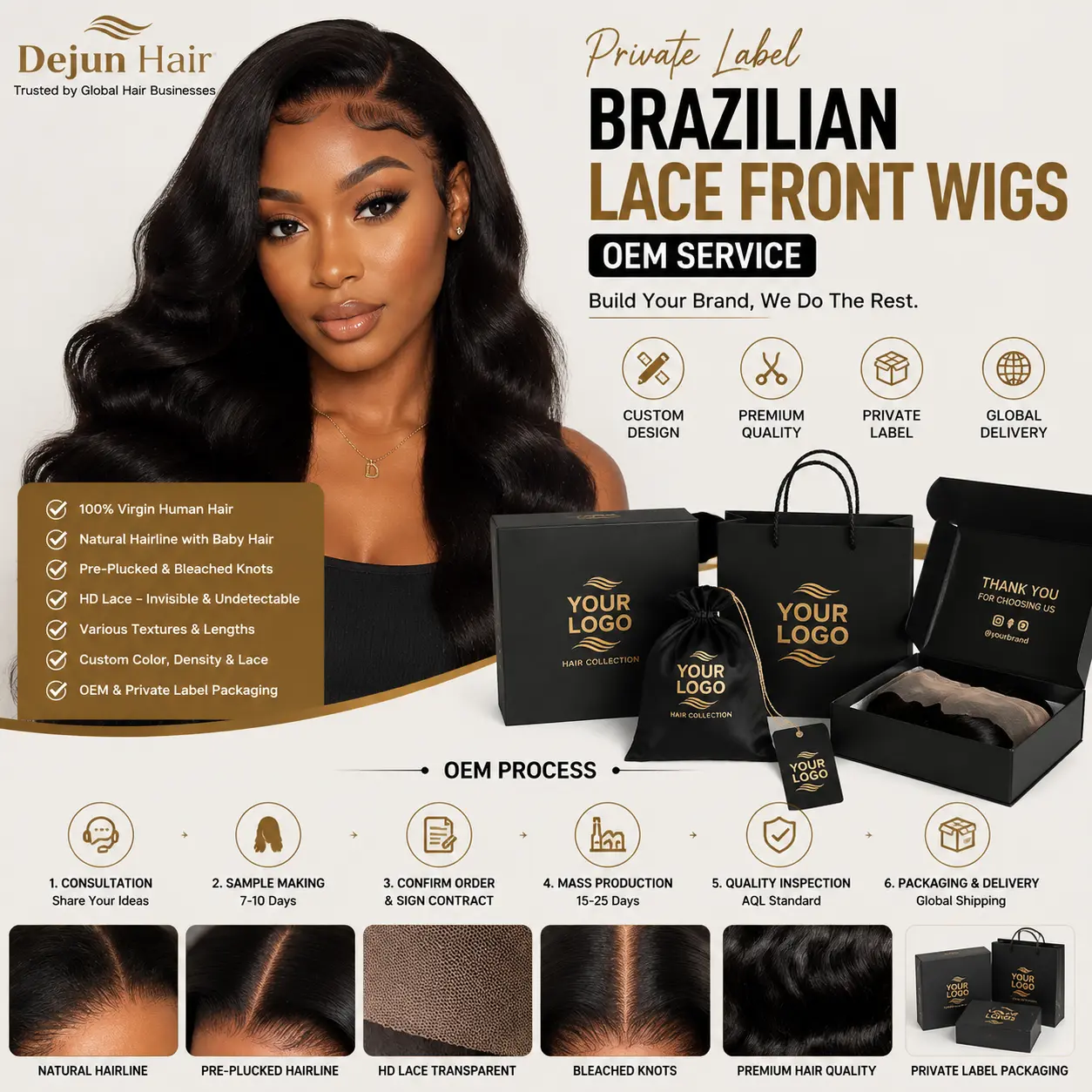 Private label Brazilian lace front wigs OEM service for wholesale hair brands