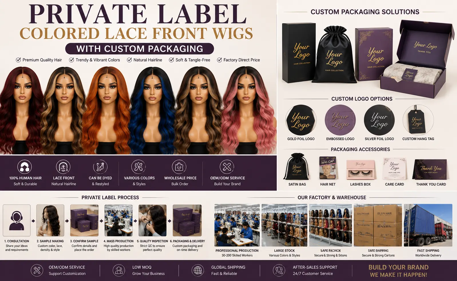 Private label colored lace front wigs with custom packaging for hair brands