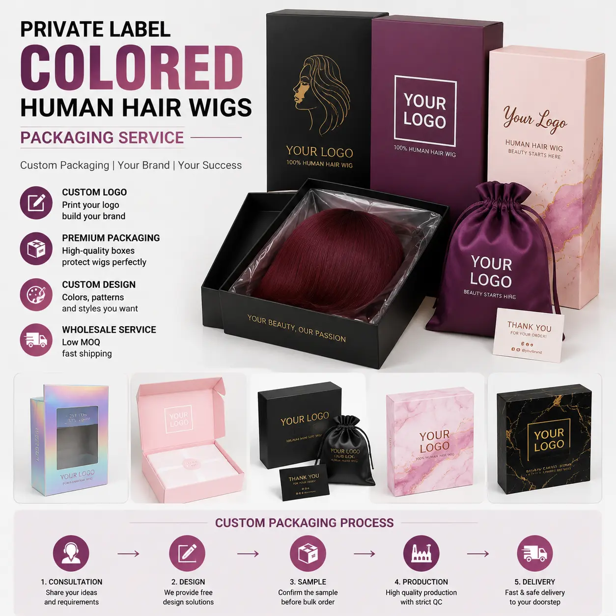 Private label wig packaging service for global hair brands and distributors