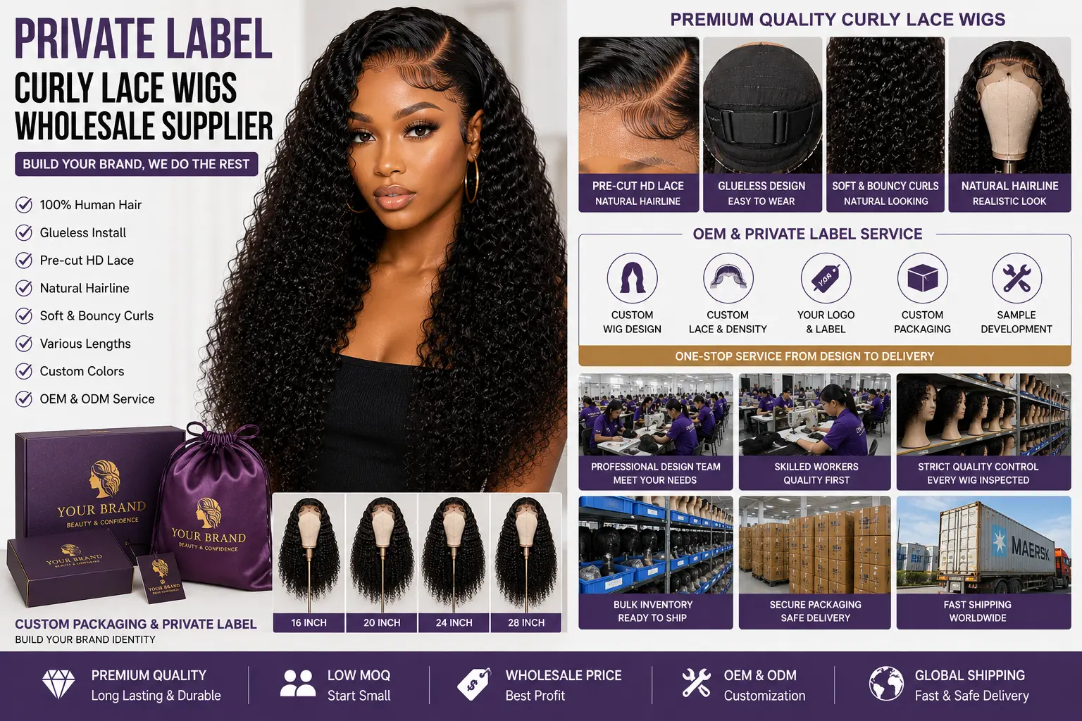 Private label curly lace wigs from a wholesale wig supplier with custom packaging