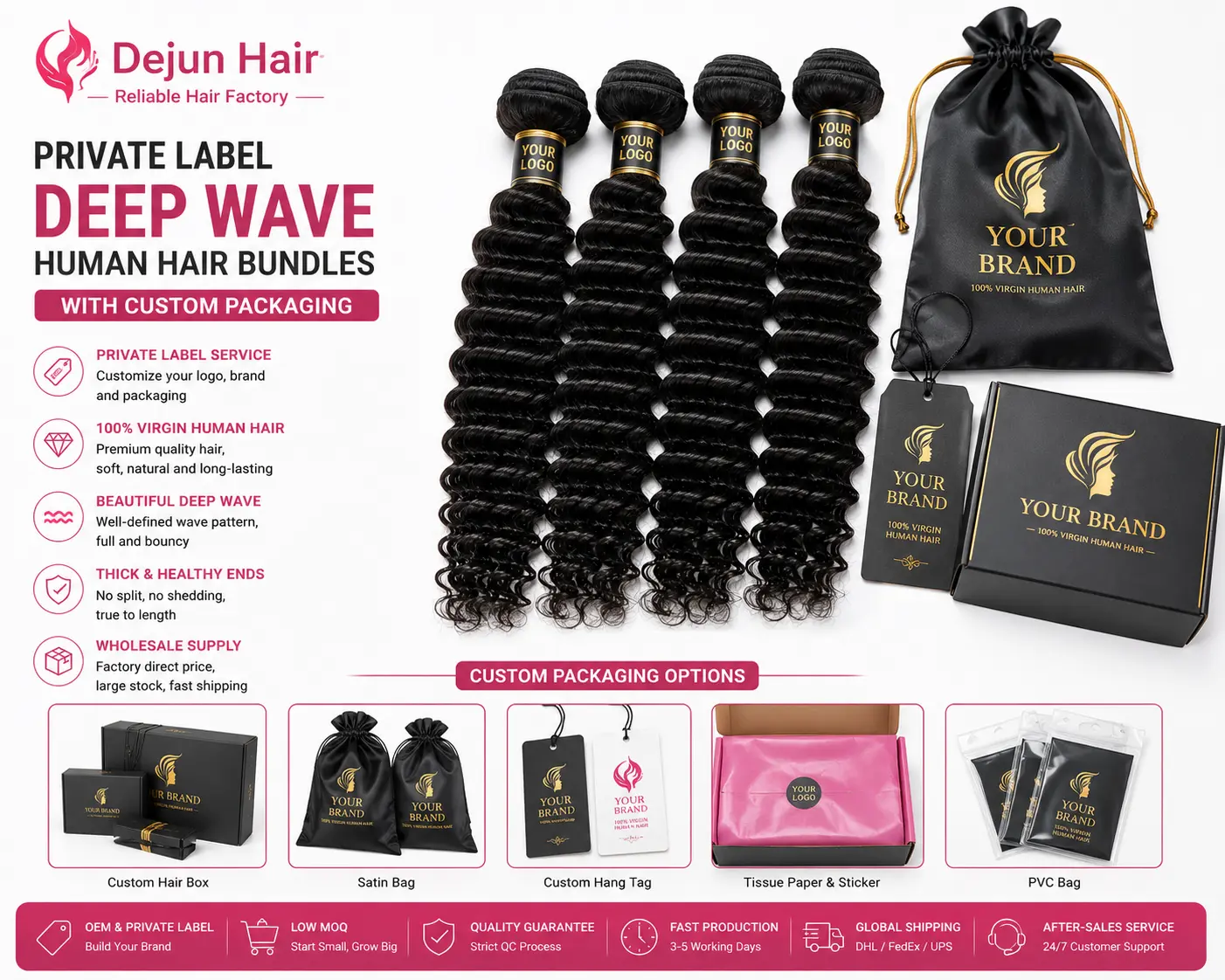 Private label deep wave human hair bundles with custom packaging