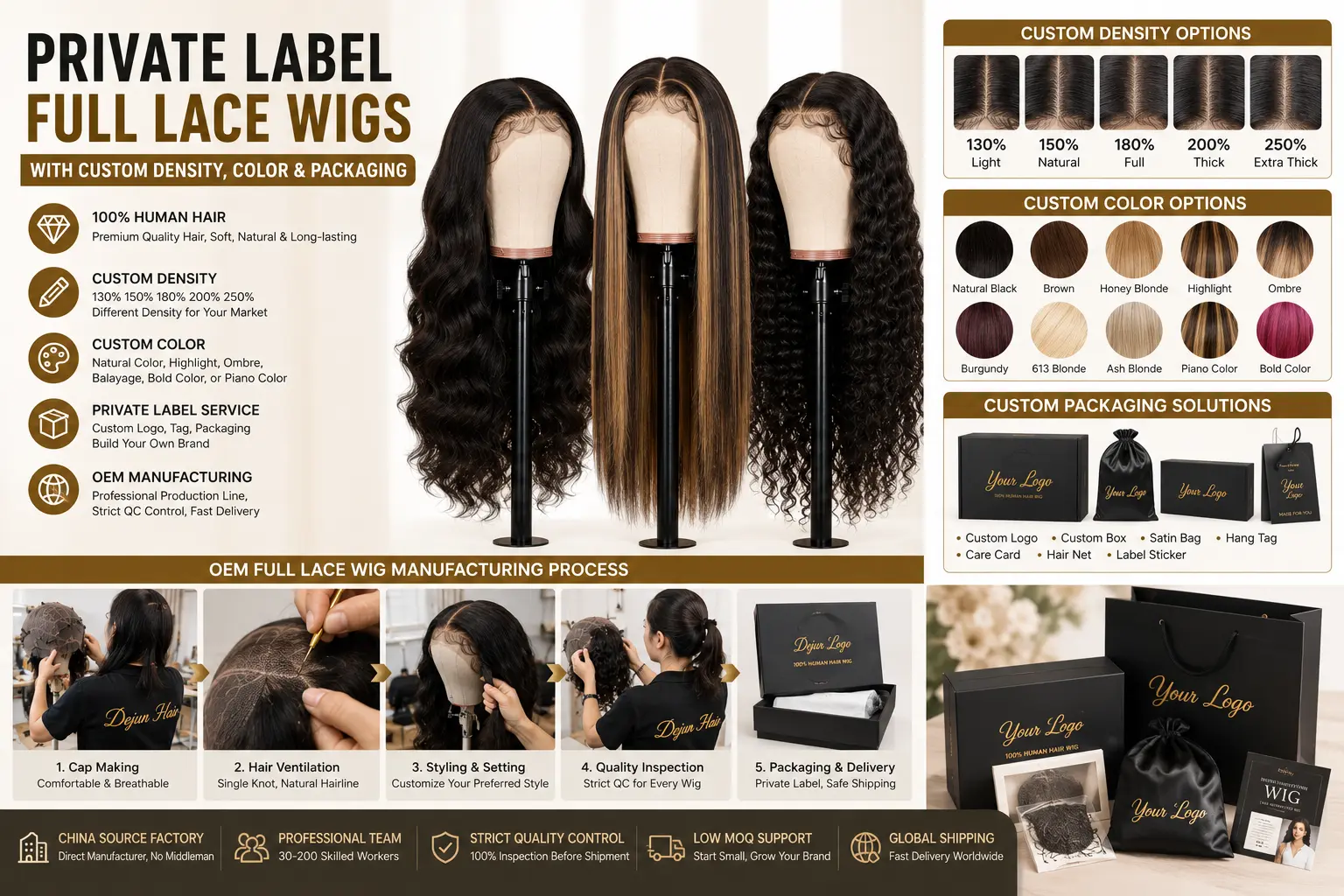 Private label full lace wigs with custom density, color and packaging