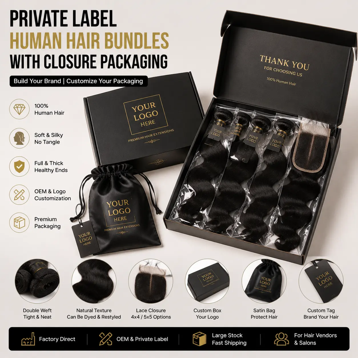 Private label human hair bundles with closure and custom packaging