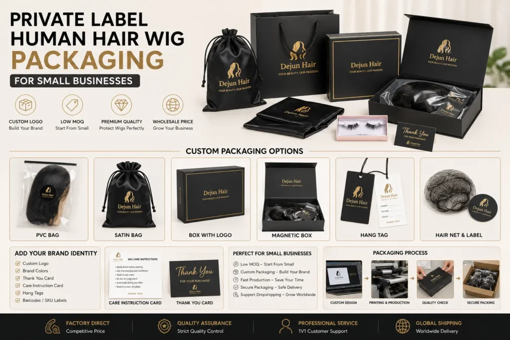 Private label human hair wig packaging with custom logo for small businesses