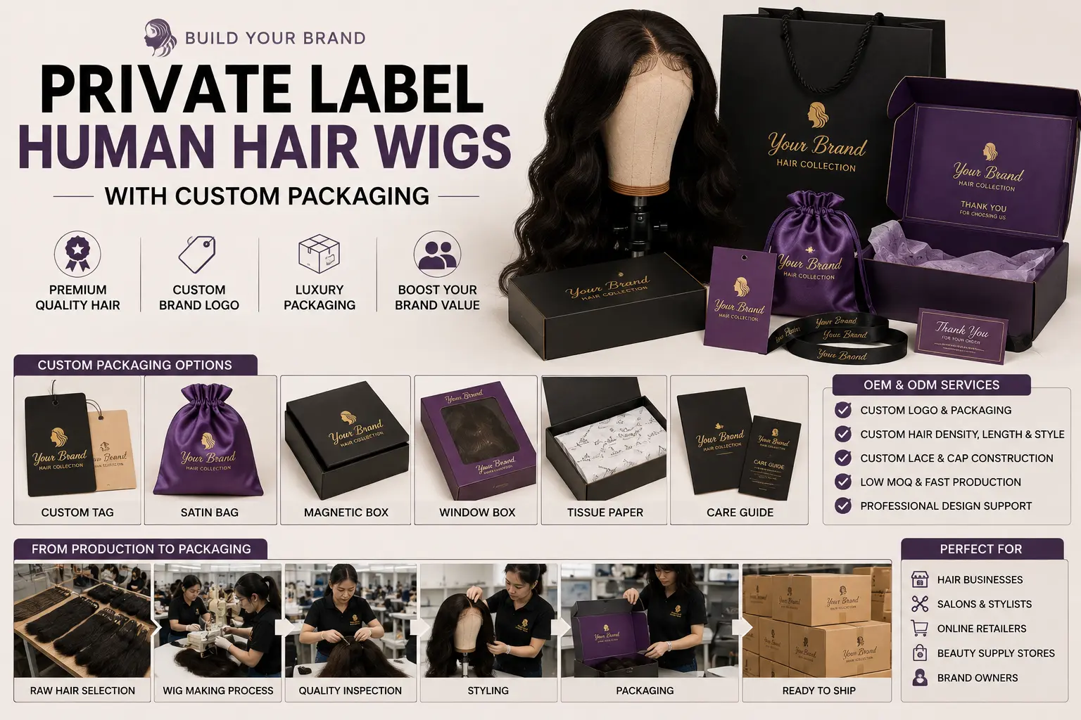 Private label human hair wigs with custom logo and packaging for hair brands