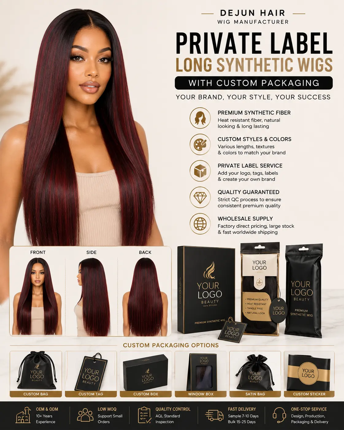 Private label long synthetic wigs with custom packaging for hair brands