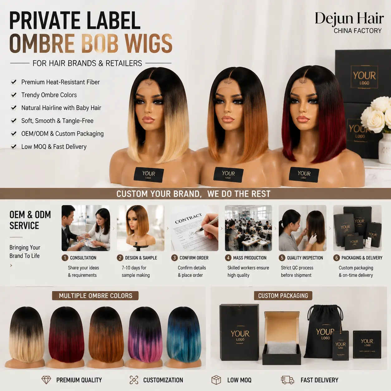 Private label ombre bob wigs with custom packaging solutions for hair brands