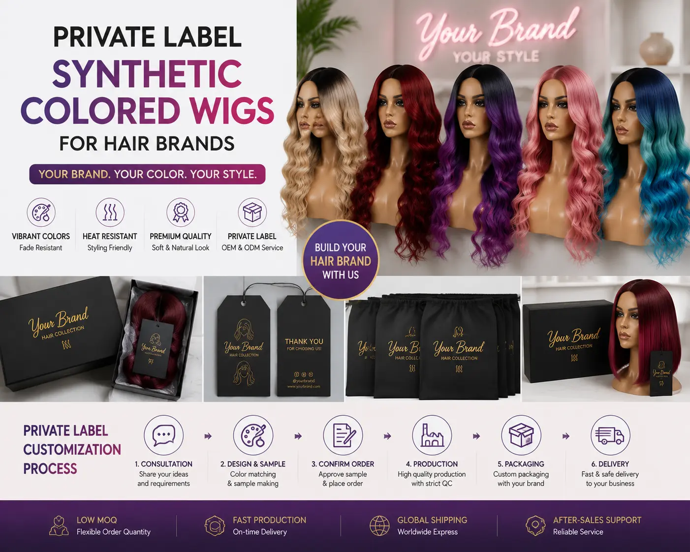 Private label synthetic colored wigs with custom packaging solutions for hair brands and online retailers