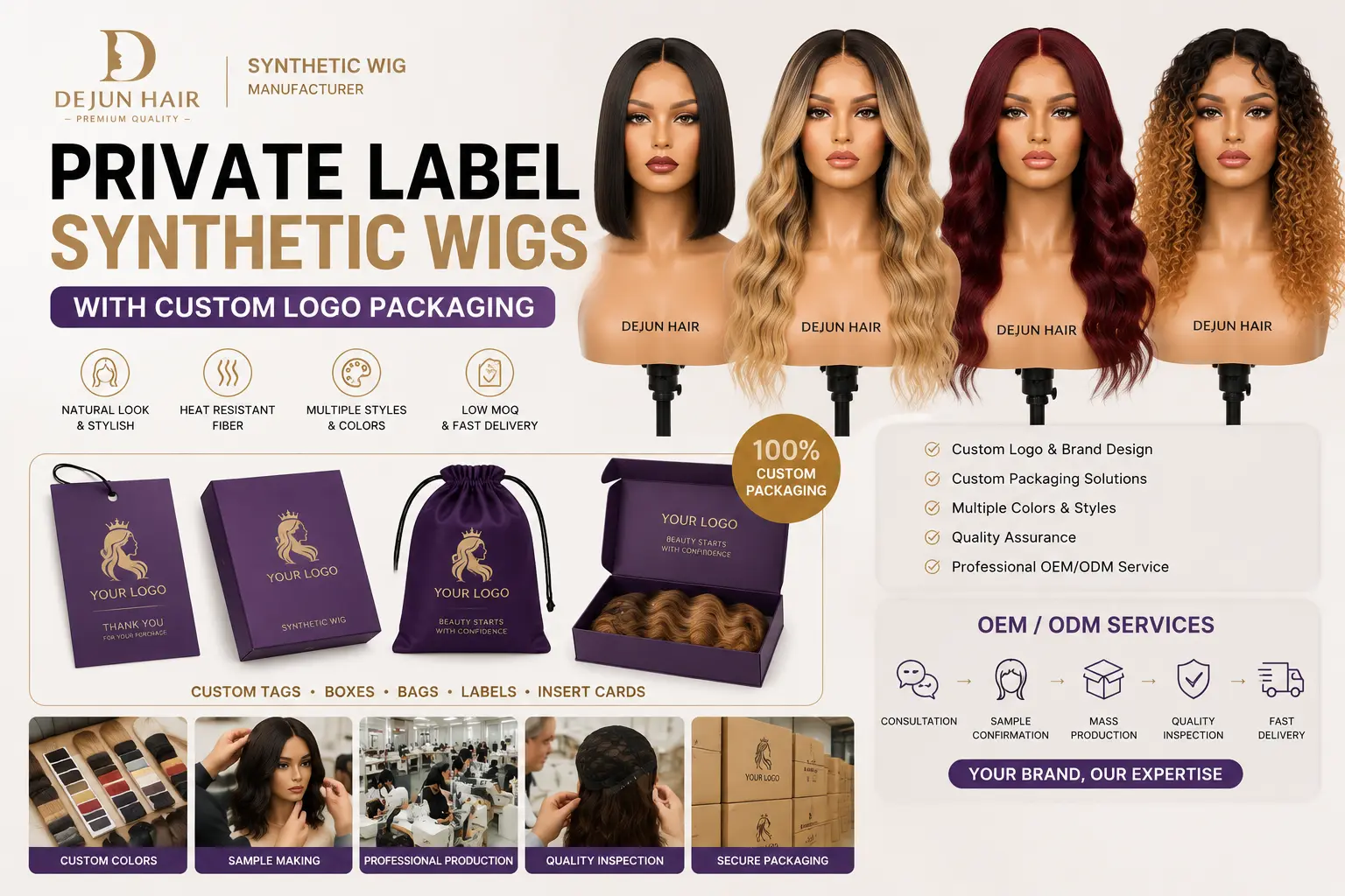 Private label synthetic wigs with custom logo and branded packaging