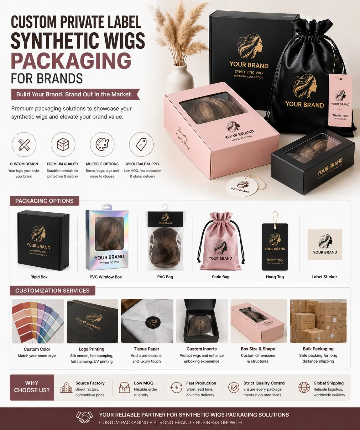 Custom private label synthetic wigs packaging for hair brands and wholesale businesses