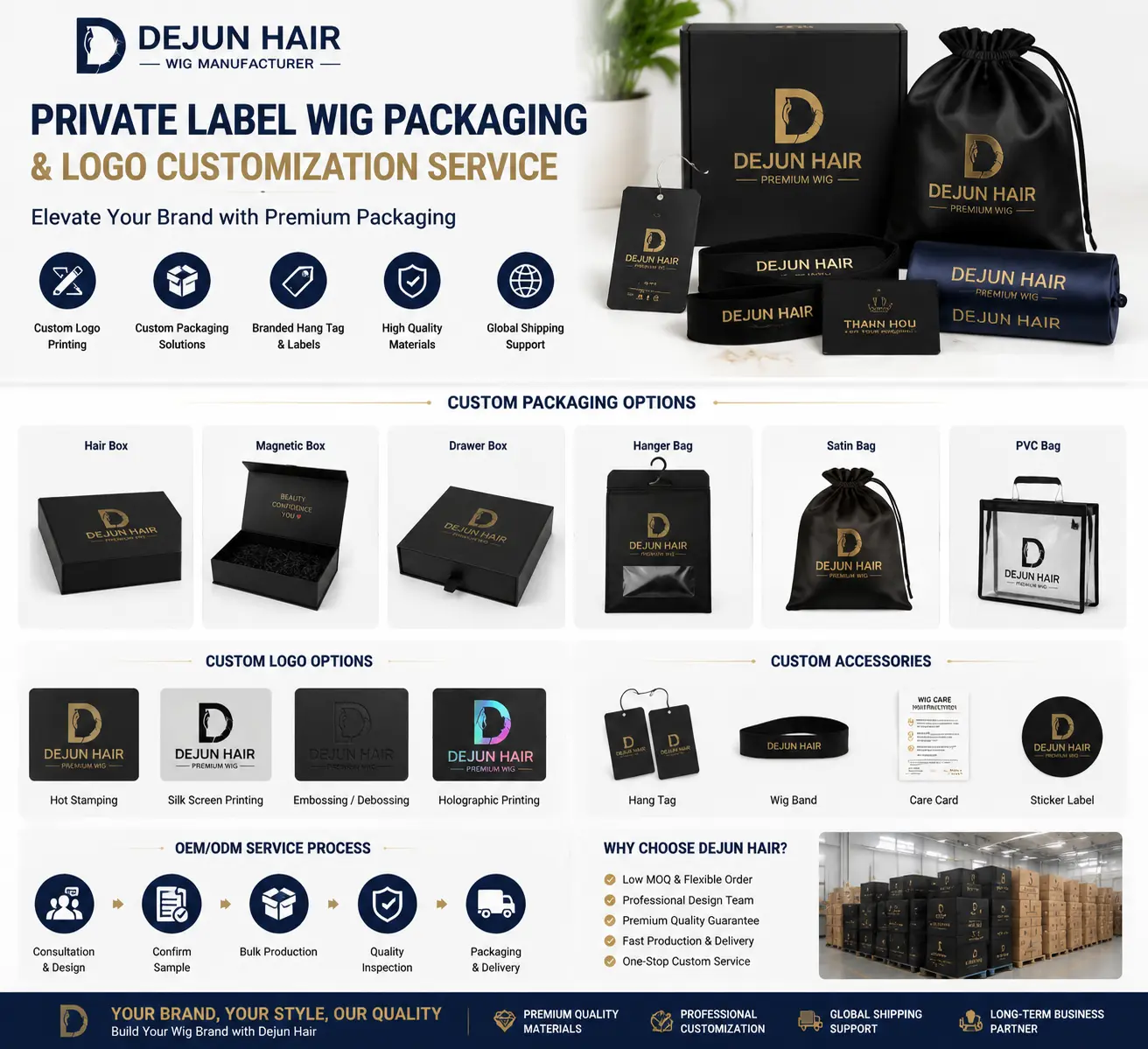 Private label wig packaging and logo customization service for global wig brands