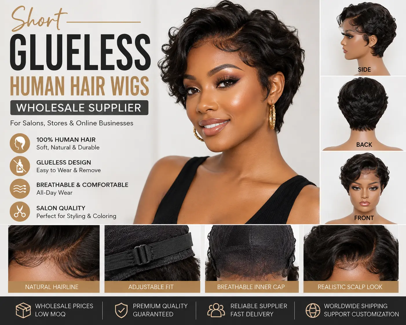 Short glueless human hair wigs from a wholesale supplier for salons and wig retailers