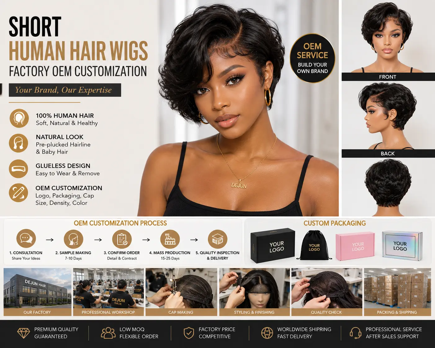 Short human hair wigs factory offering OEM customization and private label packaging