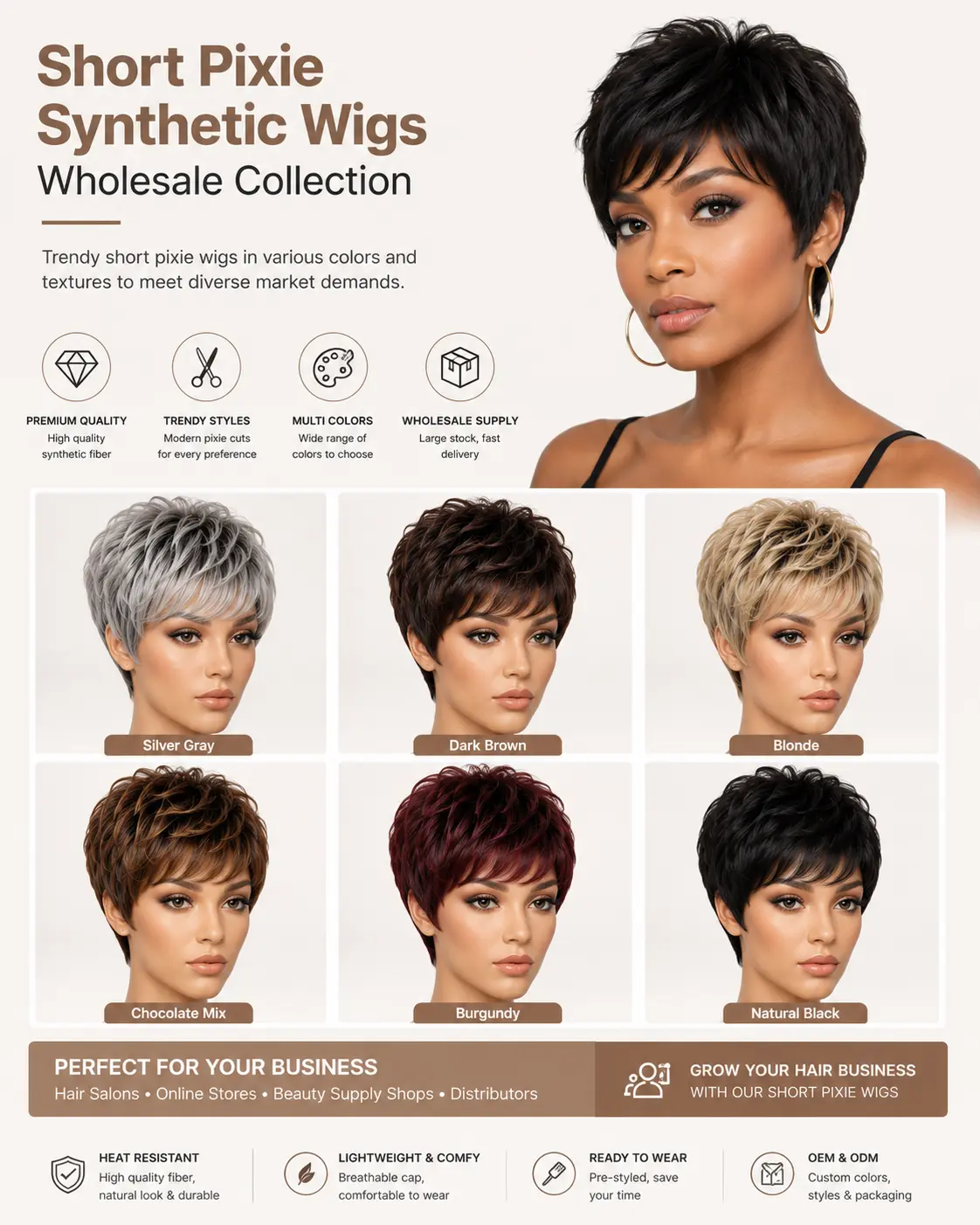 Short pixie synthetic wigs wholesale collection in different colors and styles