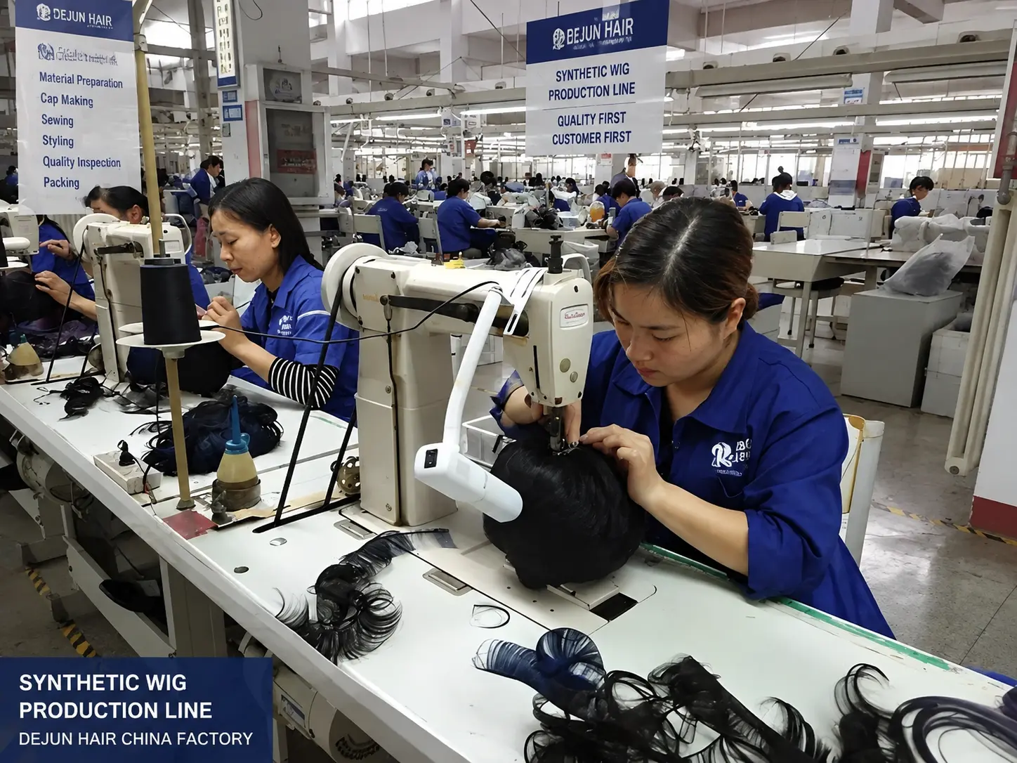 Synthetic wig production line in China factory with professional manufacturing and inspection process