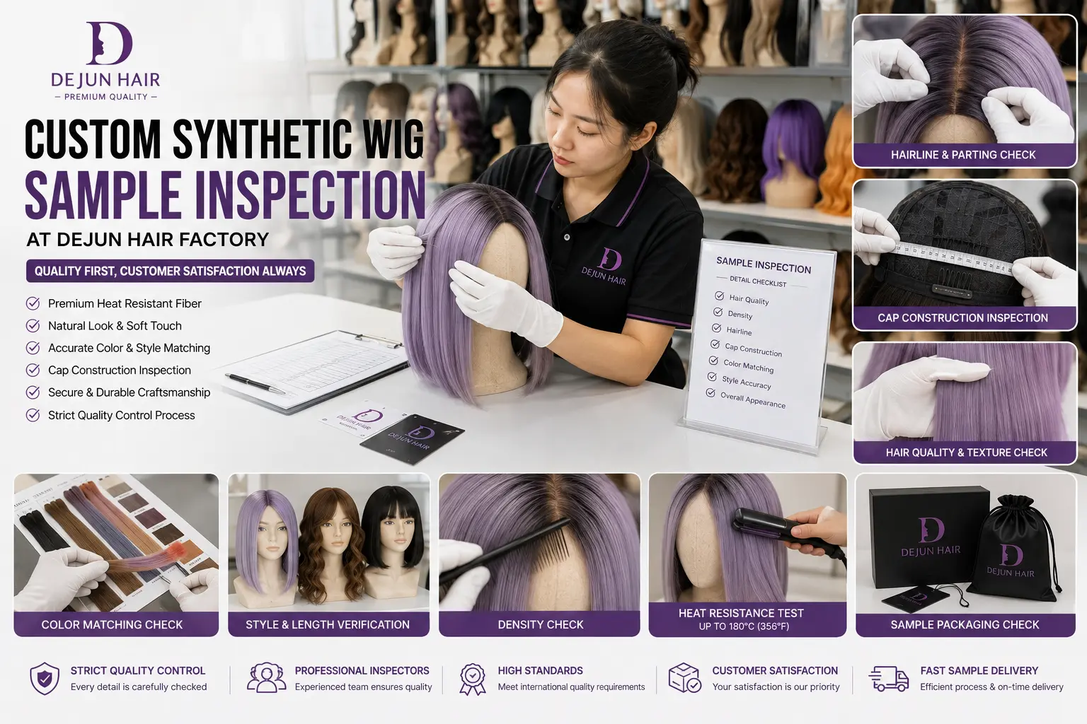 Custom synthetic wig sample inspection and quality control at Dejun Hair factory