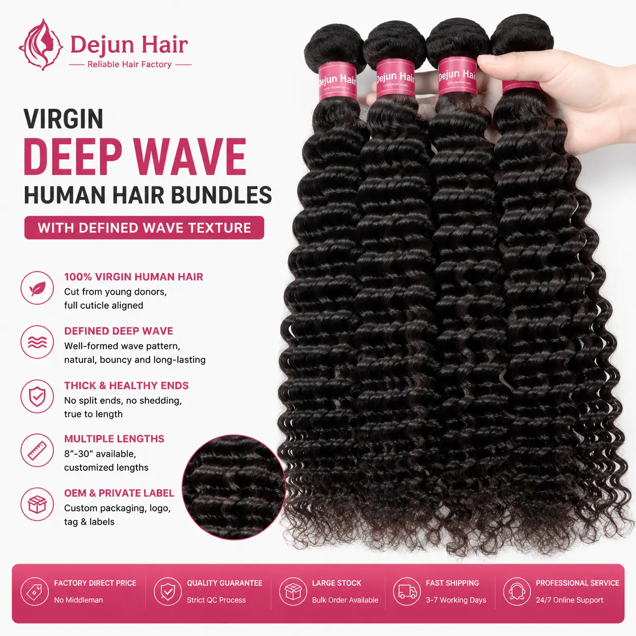 Virgin deep wave human hair bundles with defined wave texture