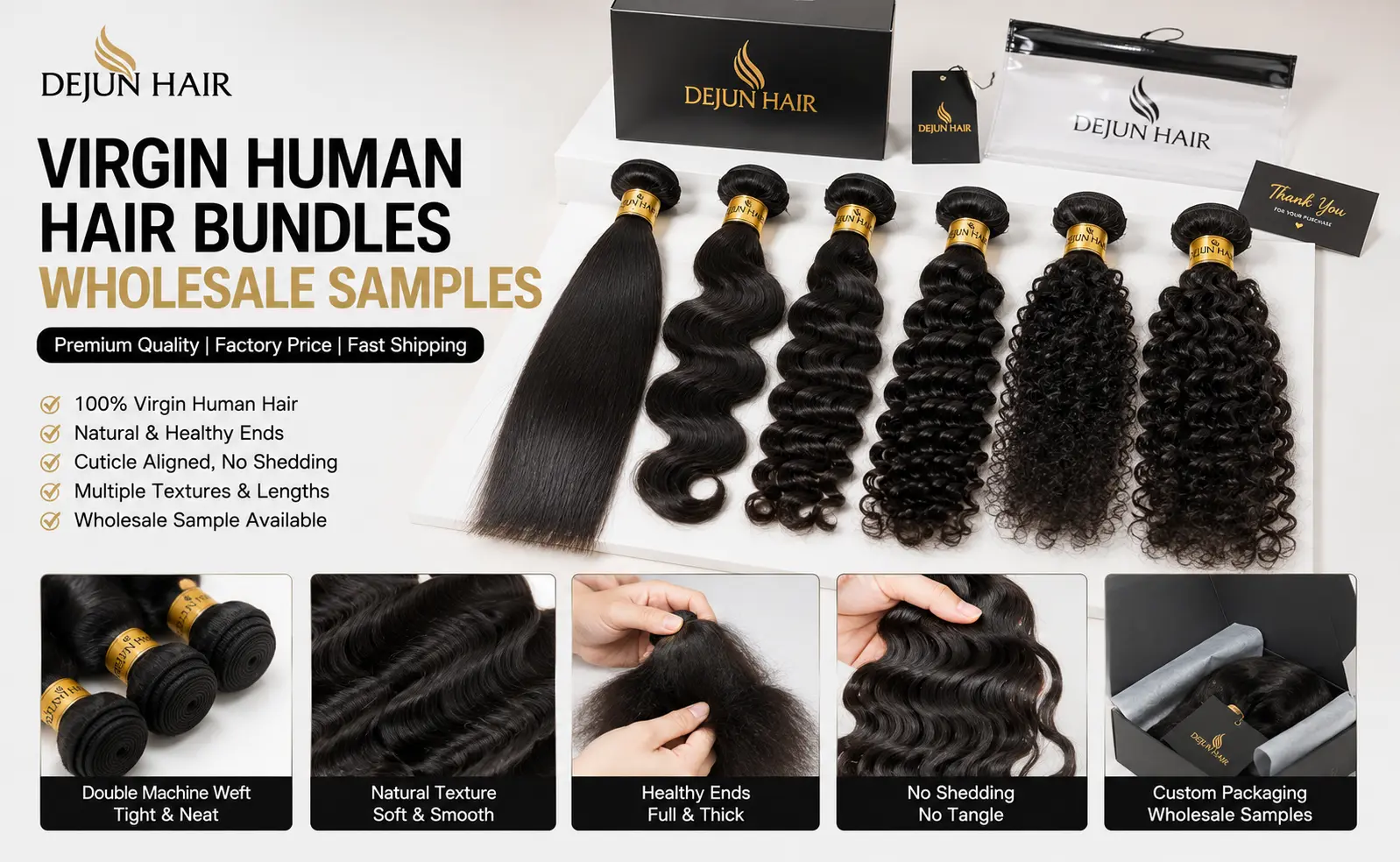 Virgin human hair bundles wholesale samples in different textures for hair vendors and salons
