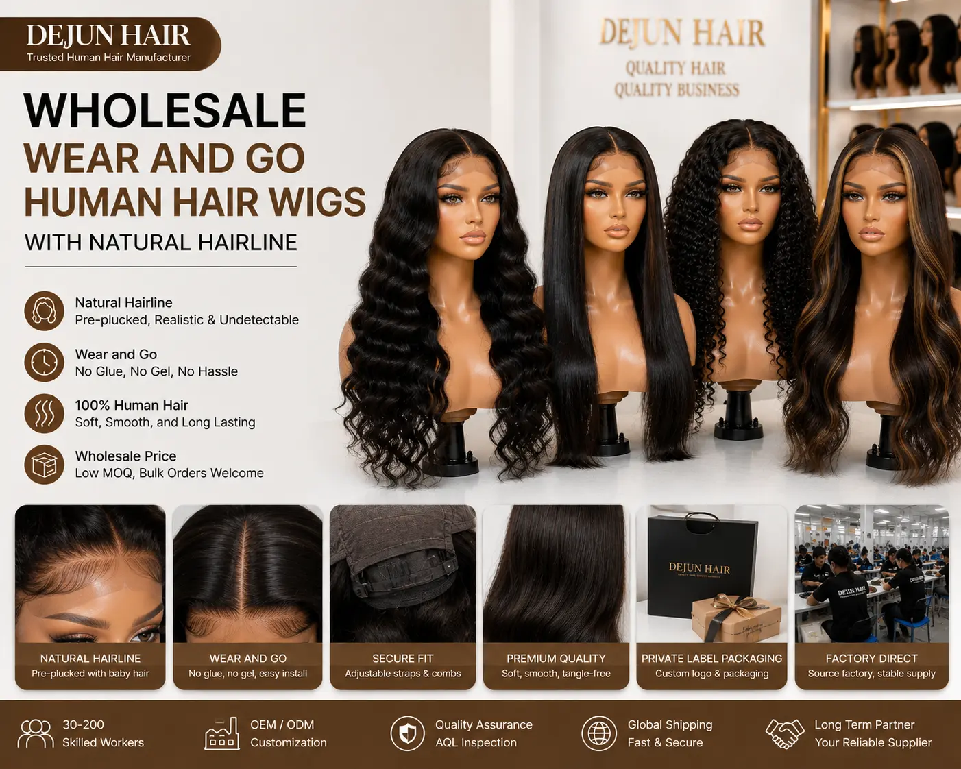 Wholesale wear and go human hair wigs with natural hairline