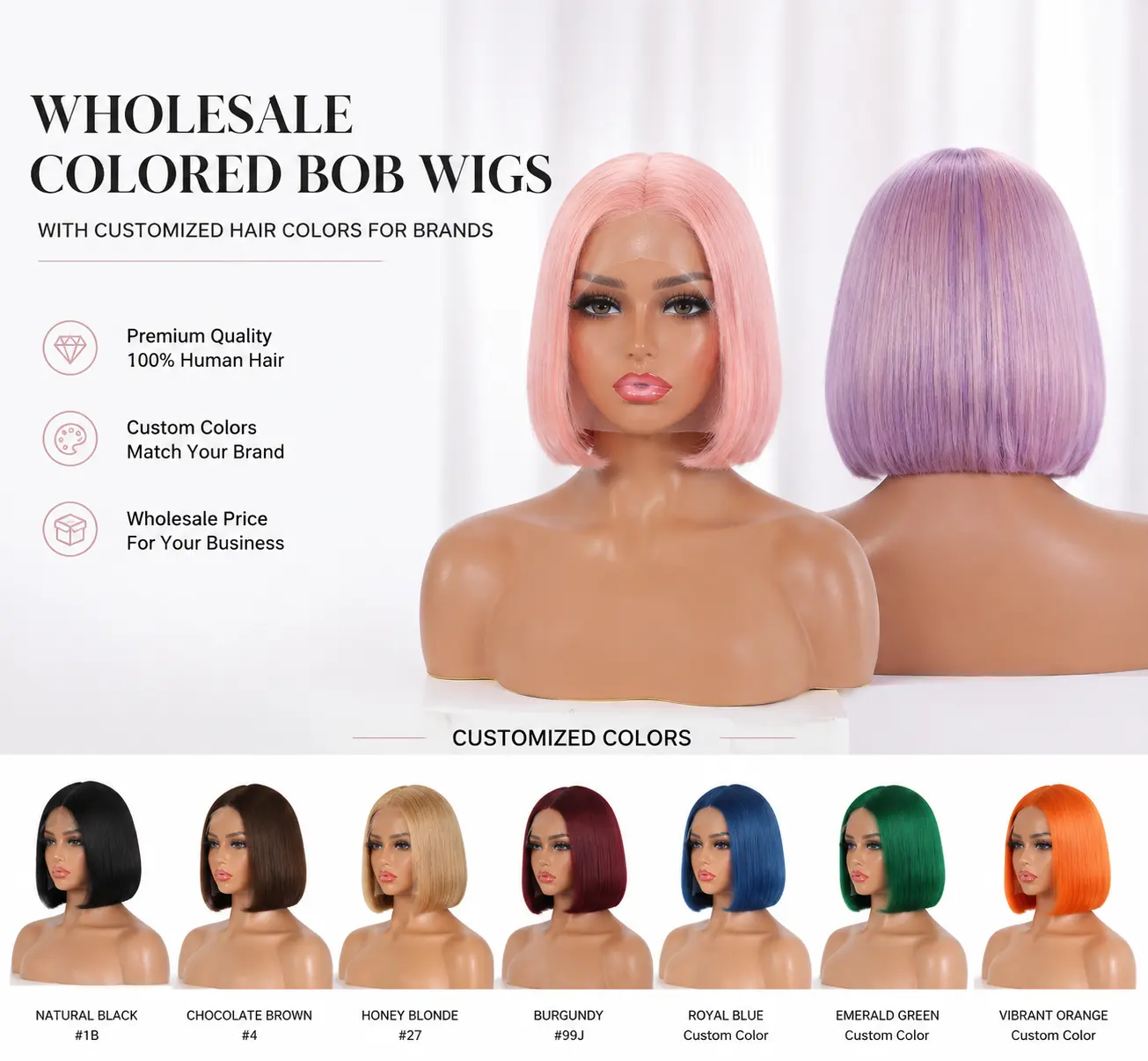 Wholesale colored bob wigs with customized hair colors for brands