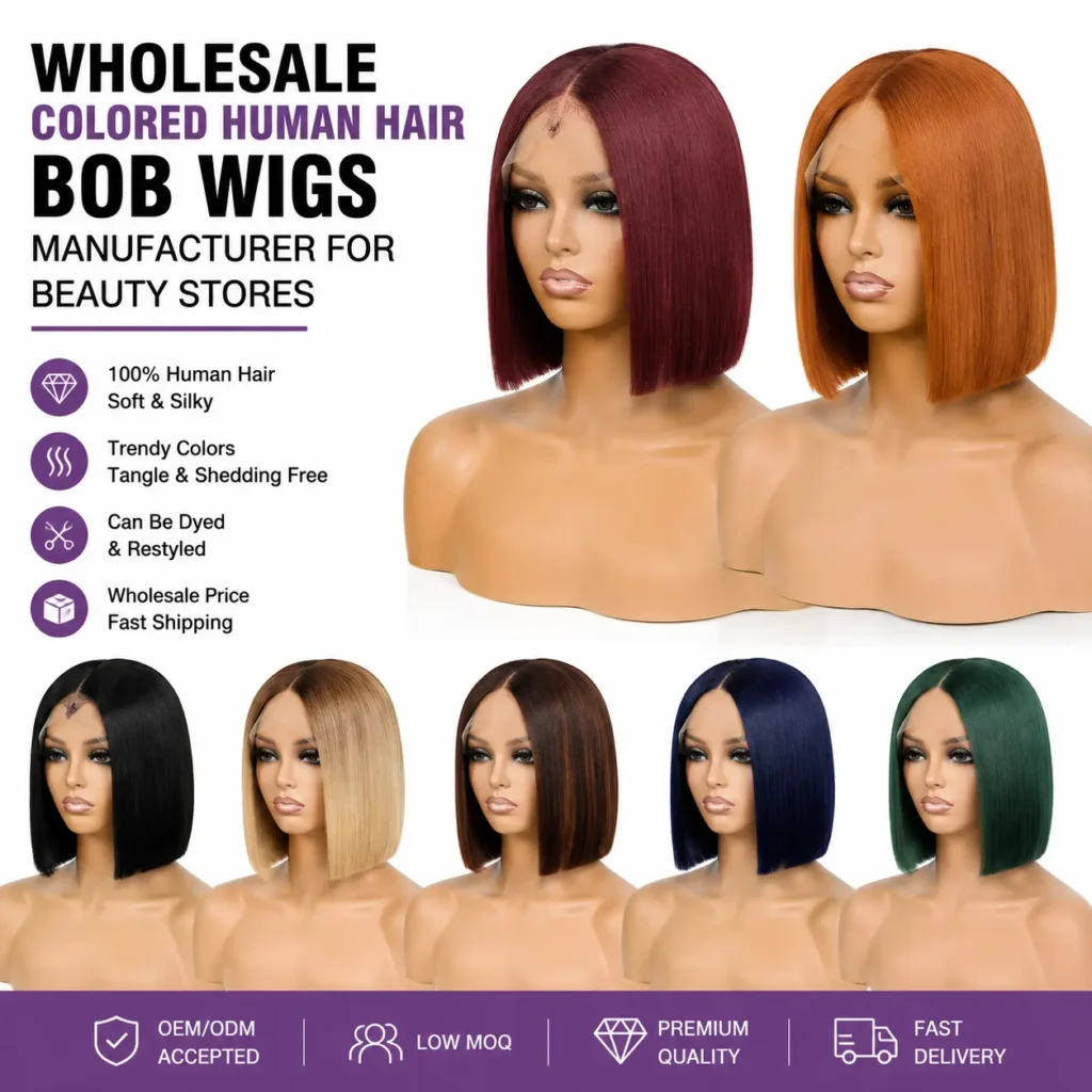 Wholesale Colored Human Hair Bob Wigs manufacturer supplying beauty stores and hair retailers