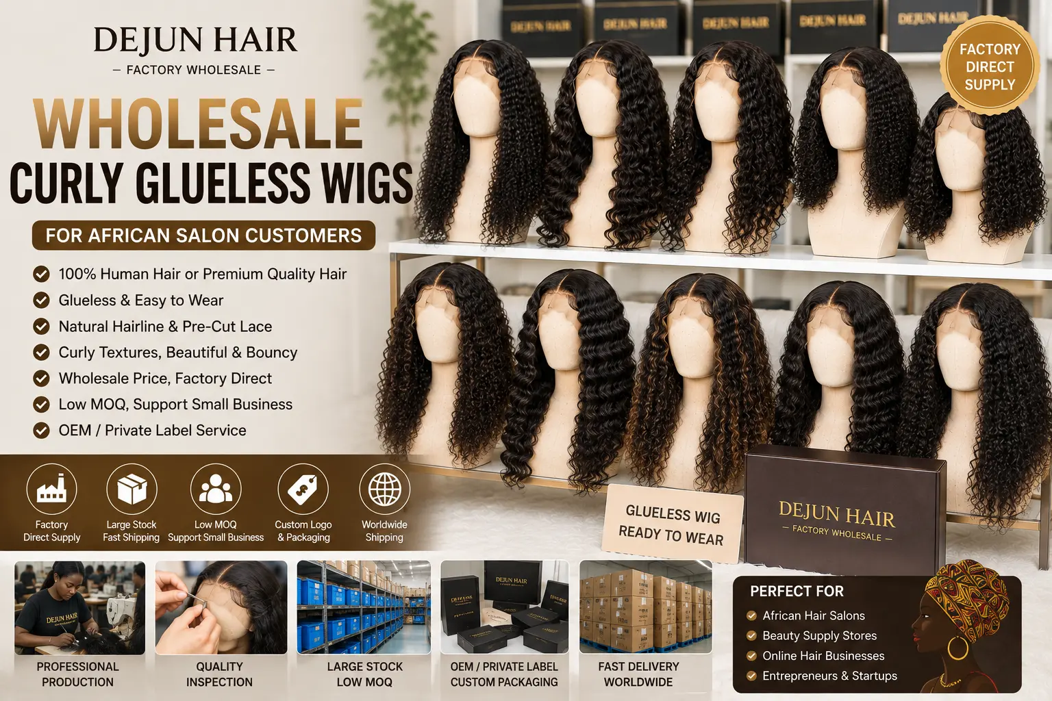 Wholesale curly glueless wigs with natural hairline for African salon customers