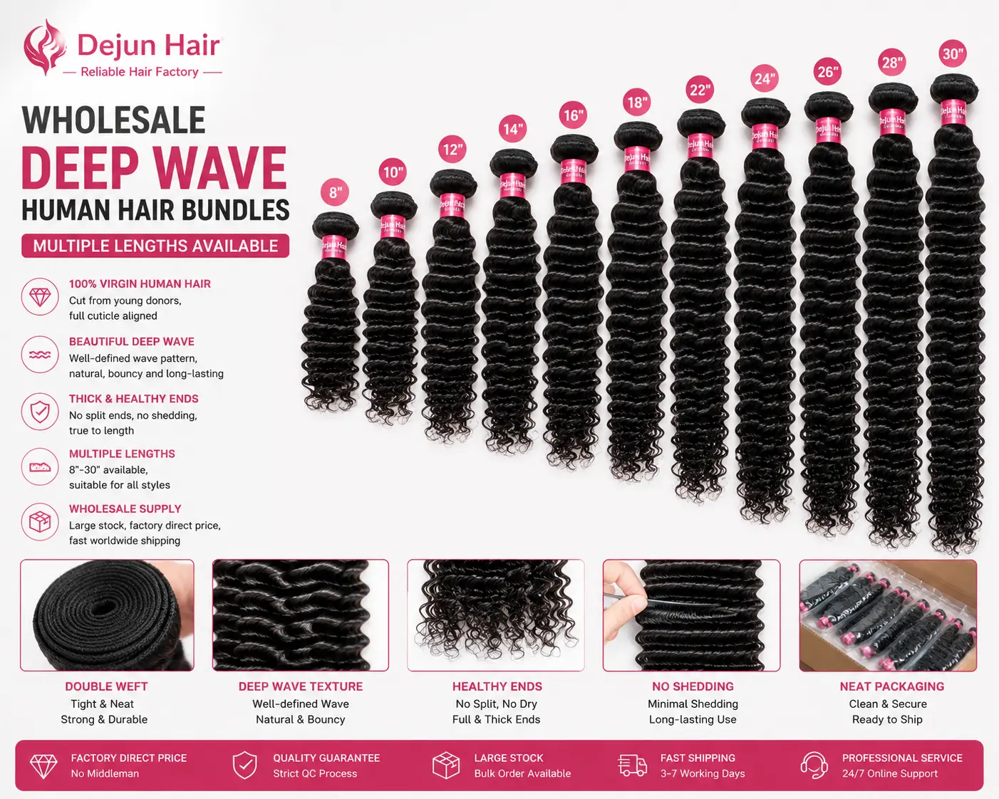 Wholesale deep wave human hair bundles available in multiple lengths