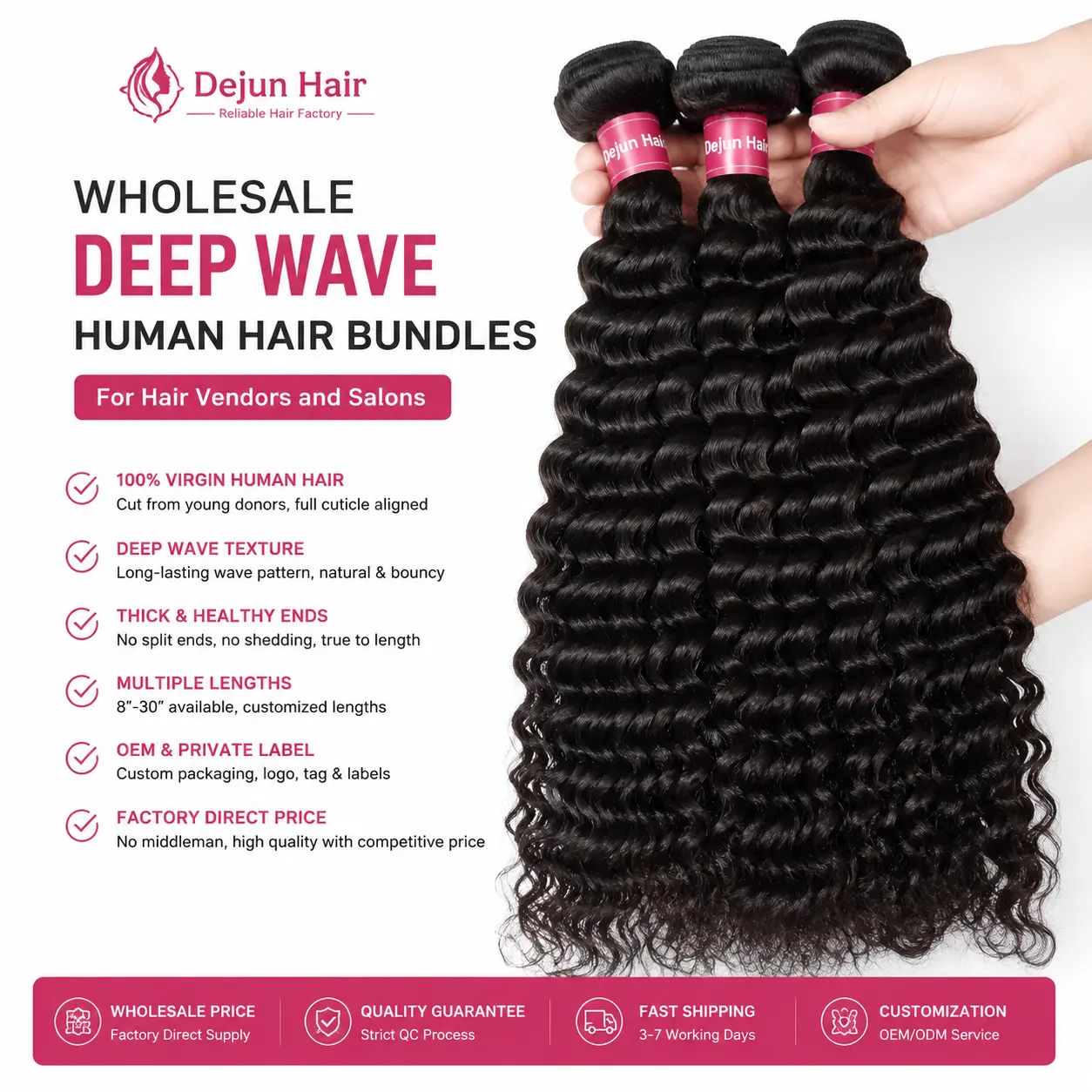 Wholesale deep wave human hair bundles for hair vendors and salons