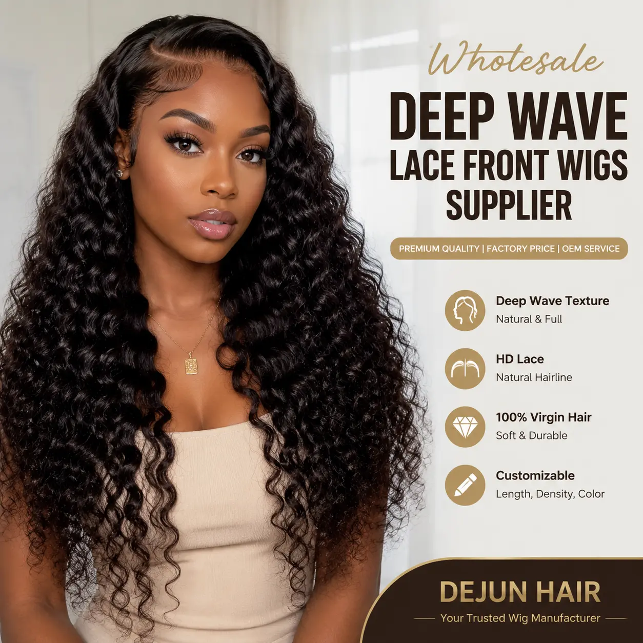 Wholesale deep wave lace front wigs supplier providing premium wig solutions for hair vendors and retailers