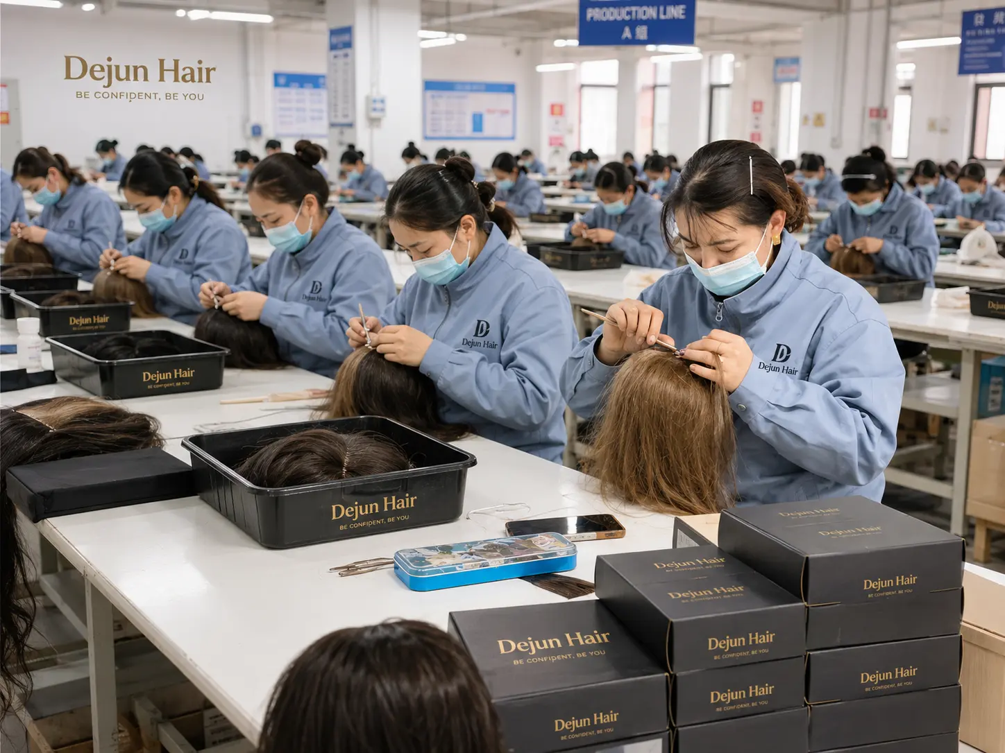 Wholesale glueless wig supplier factory production line at Dejun Hair in China