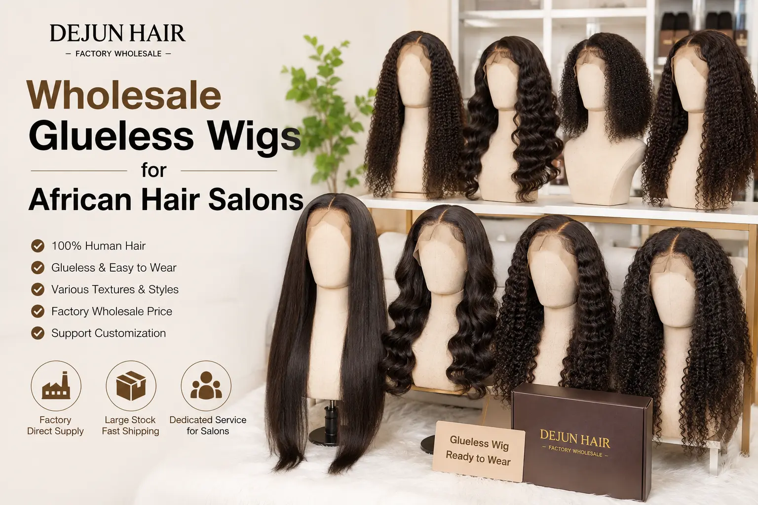 Wholesale glueless wigs for African hair salons from Dejun Hair factory