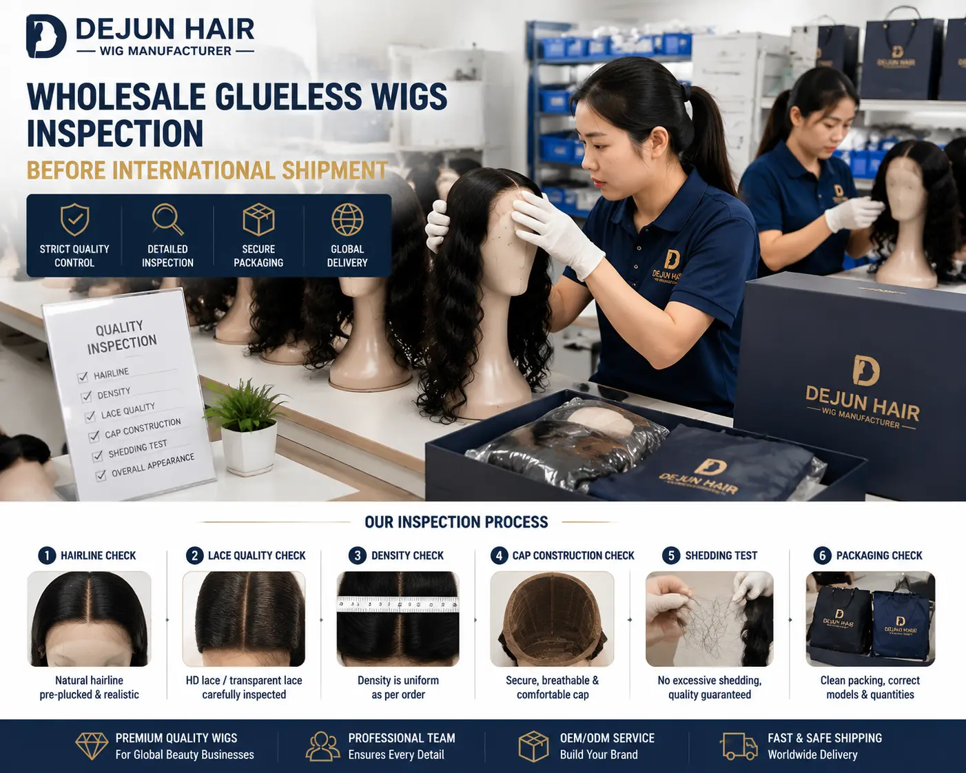Wholesale glueless wigs quality inspection before international shipment from Dejun Hair factory
