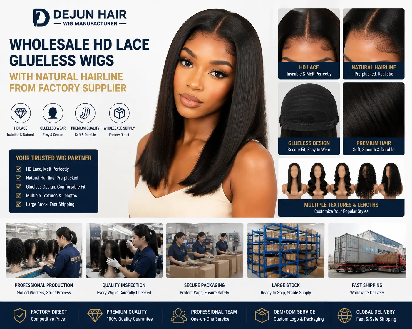 Wholesale HD lace glueless wigs with natural hairline from professional factory supplier