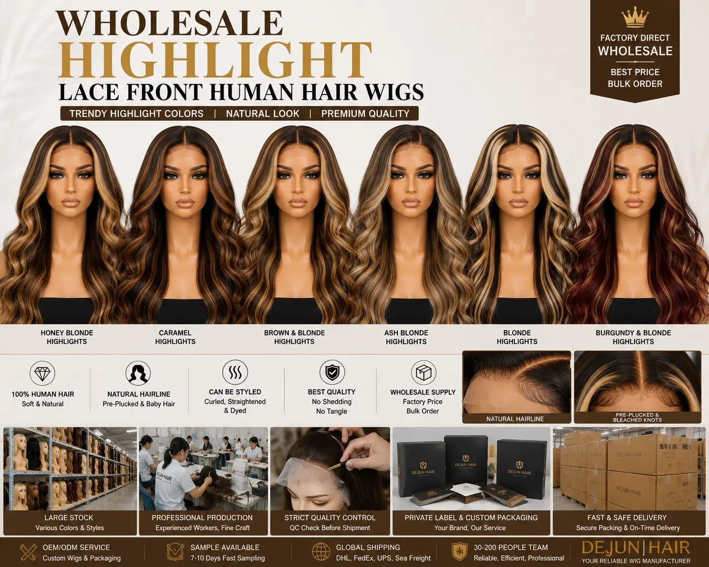 Wholesale highlight lace front human hair wigs in blonde and brown colors