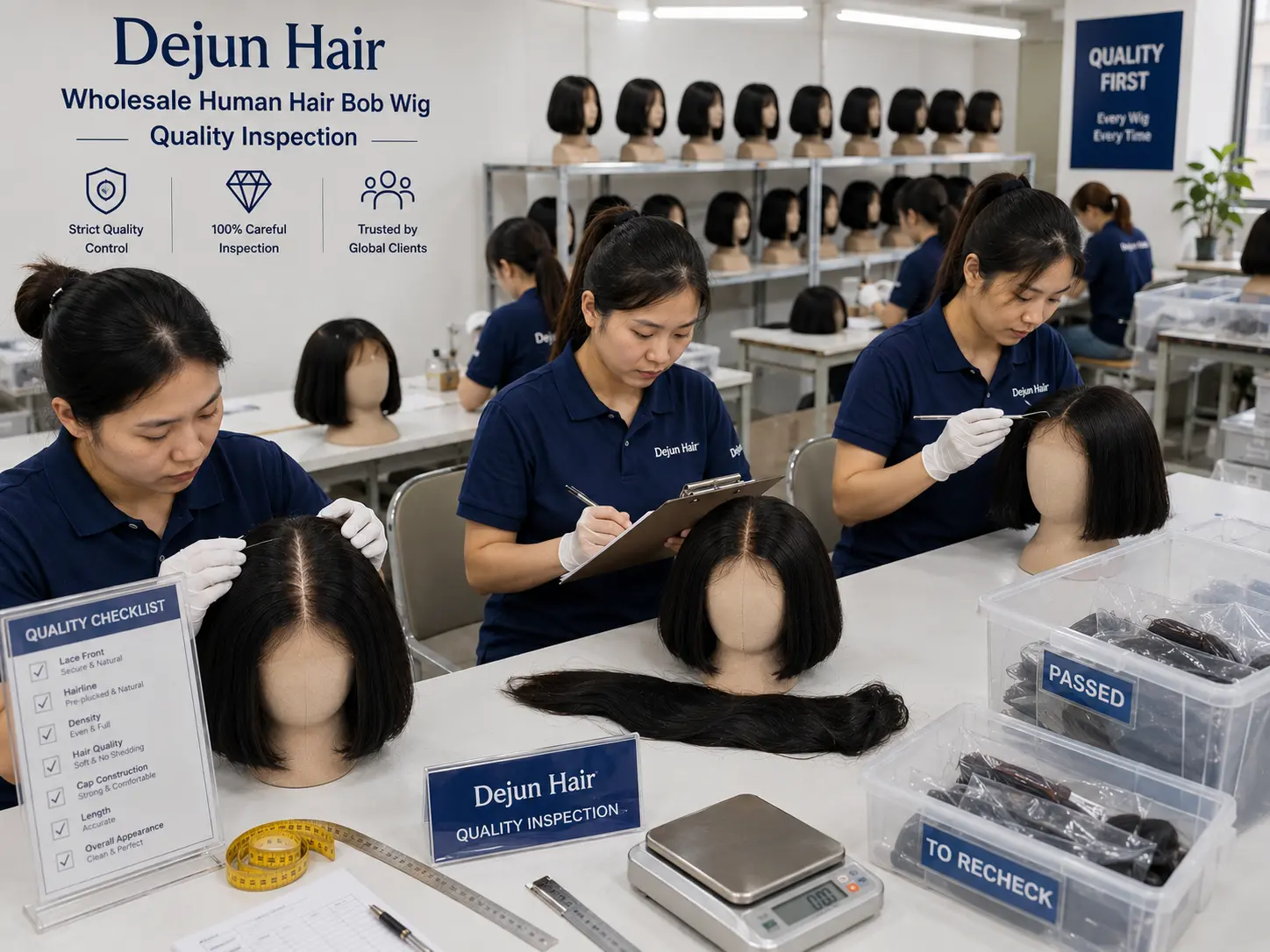 Wholesale human hair bob wig quality inspection at Dejun Hair factory