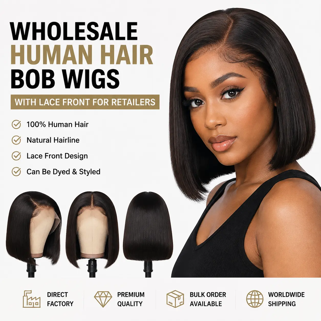 Wholesale human hair bob wigs with lace front for retailers and beauty businesses
