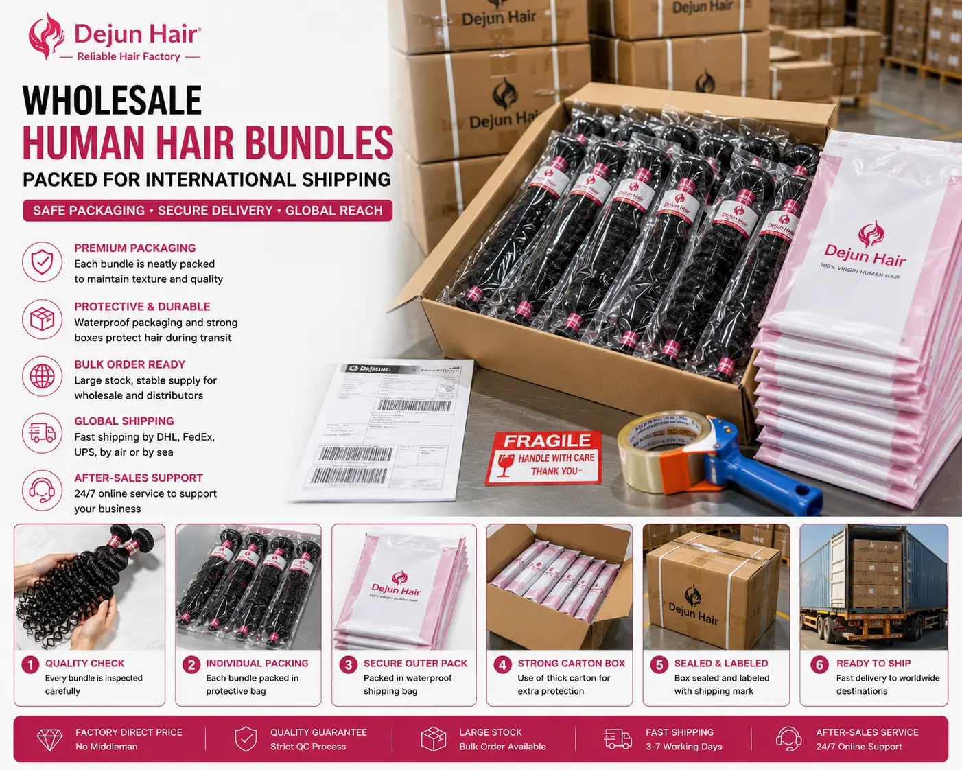 Wholesale human hair bundles packed securely for international shipping