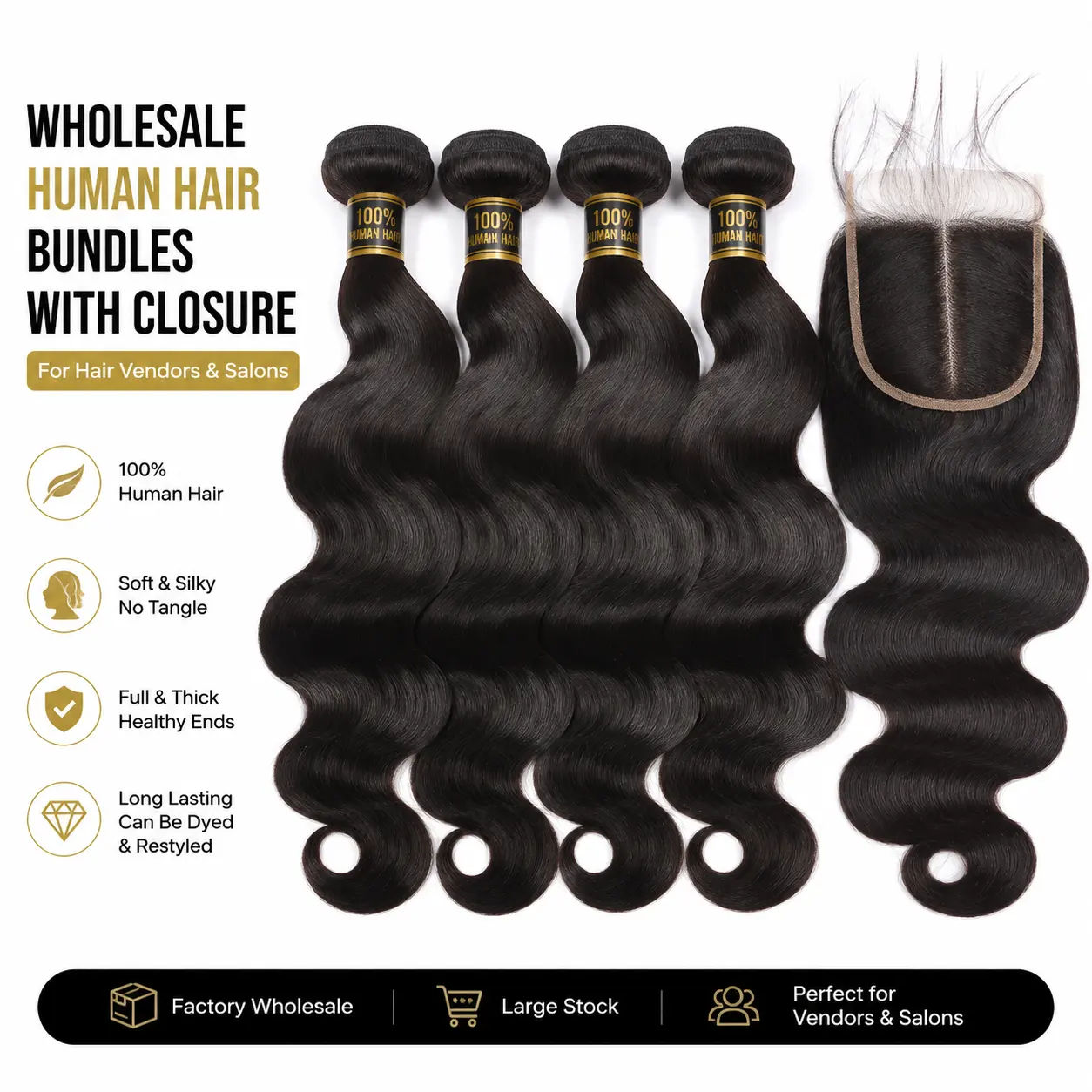 Wholesale human hair bundles with closure for hair vendors and salons