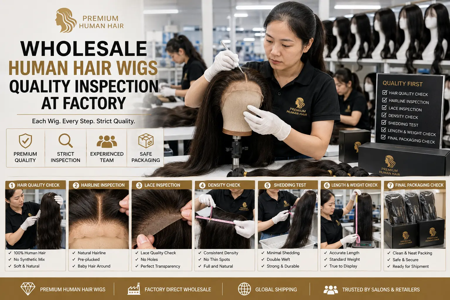 Wholesale human hair wigs quality inspection at factory before bulk shipment