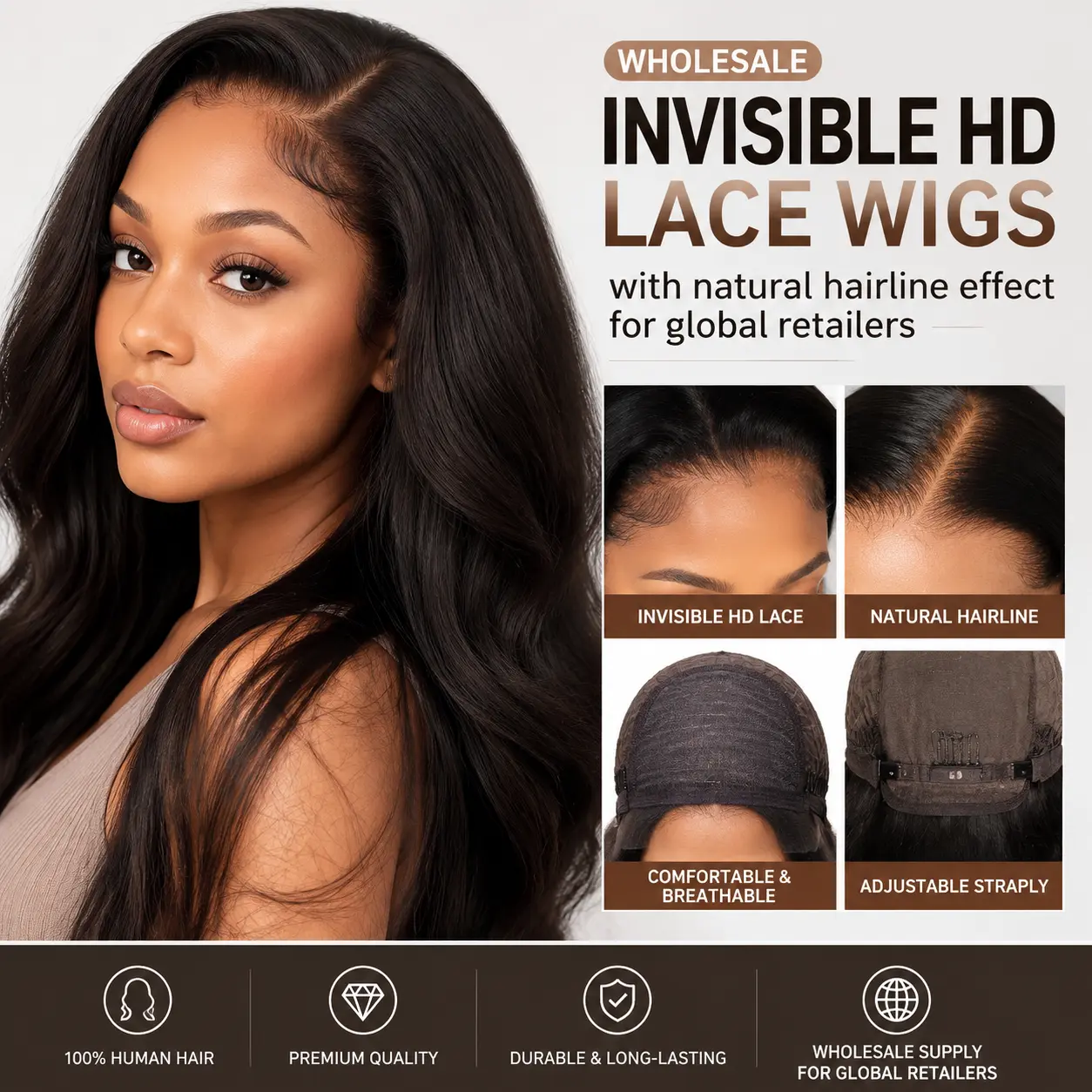 Wholesale invisible HD lace wigs with natural hairline effect for global retailers