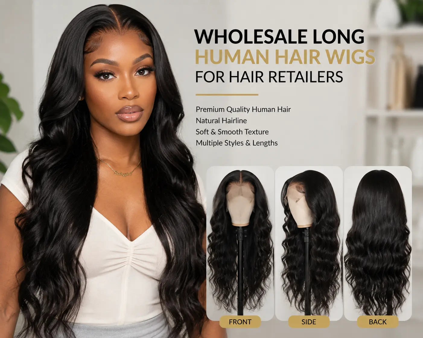Wholesale long human hair wigs for hair retailers and beauty businesses