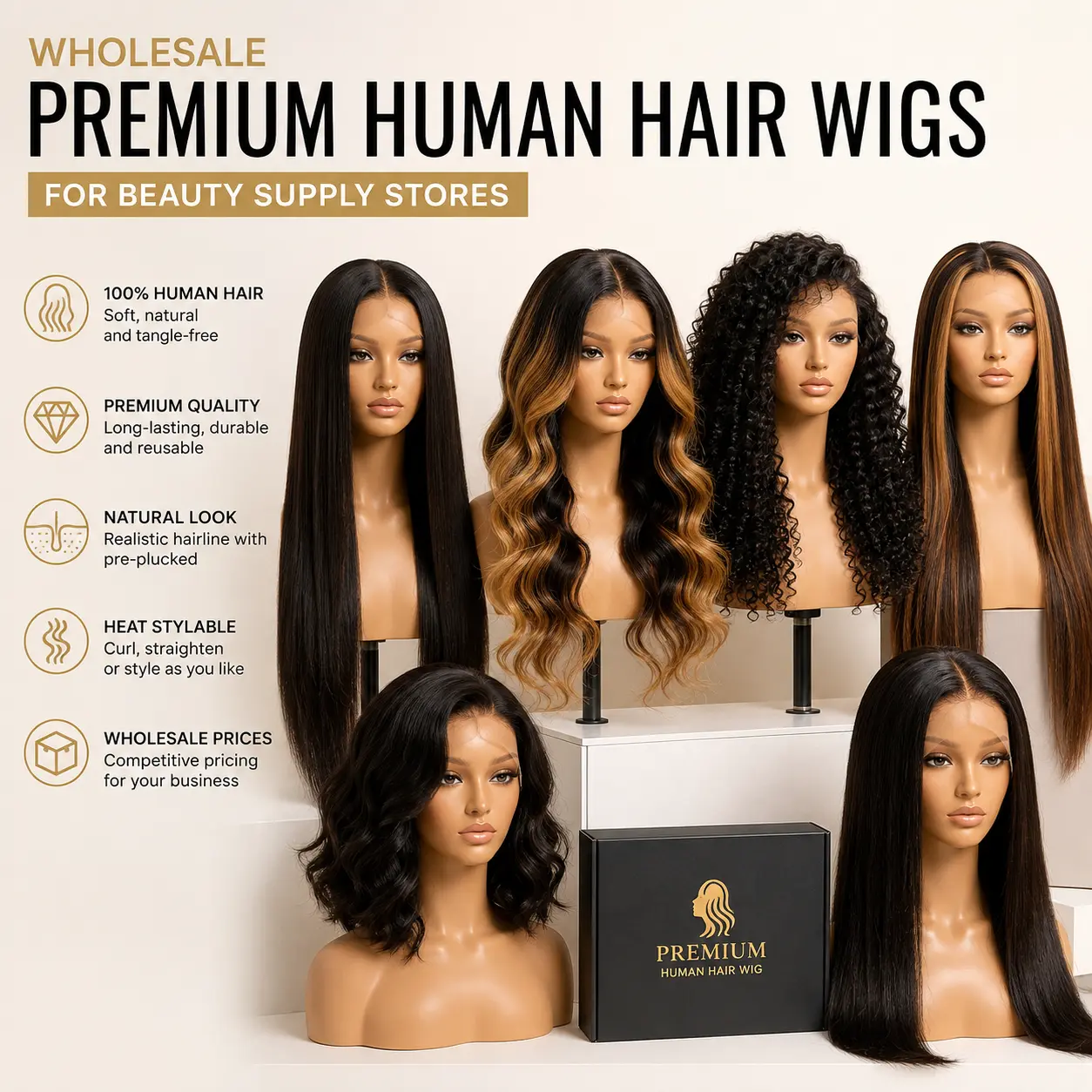 Wholesale premium human hair wigs for beauty supply stores and hair businesses